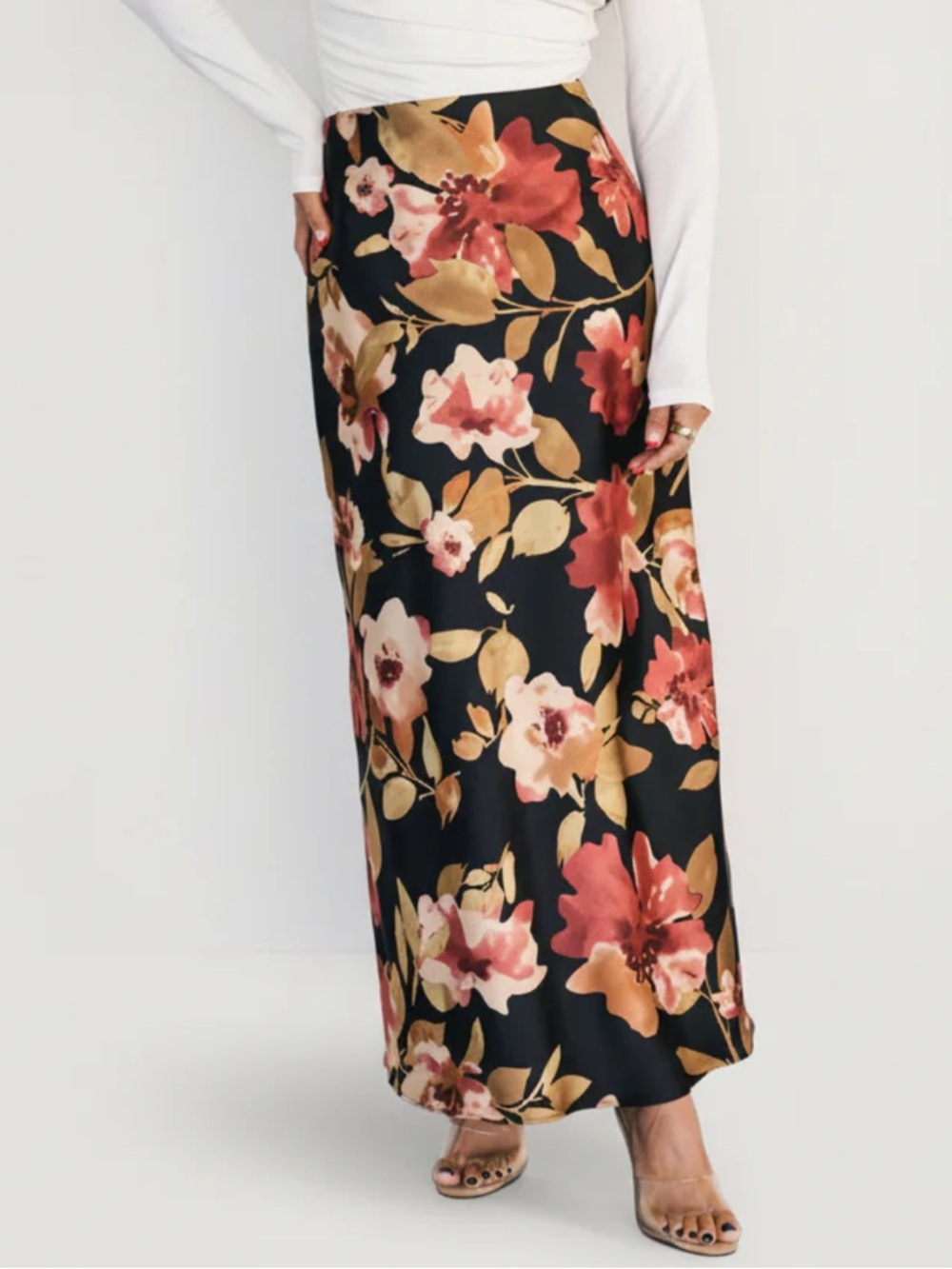 Baltic Born Cosette Satin Midi Skirt Black Floral Large NWT